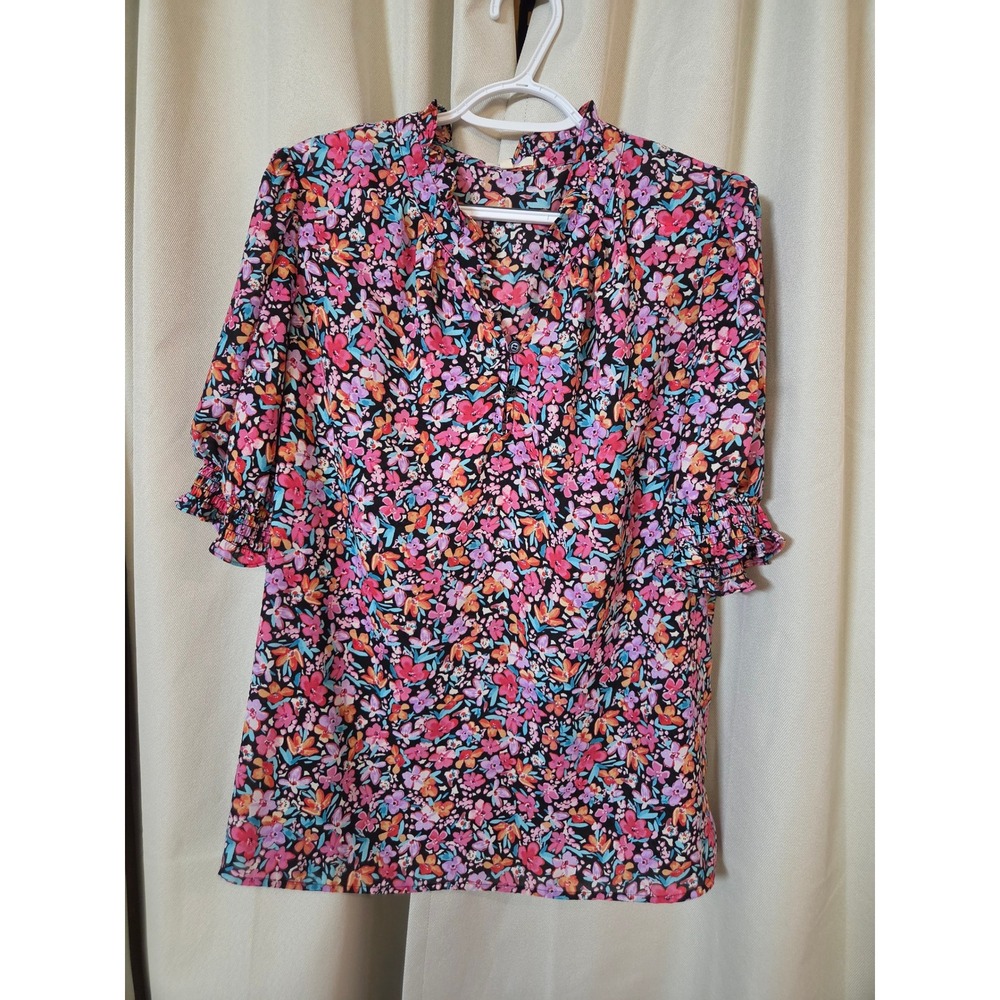 Pleione Floral Ruffle Neck Blouse XL Pink Blue Smocked Sleeve Feminine